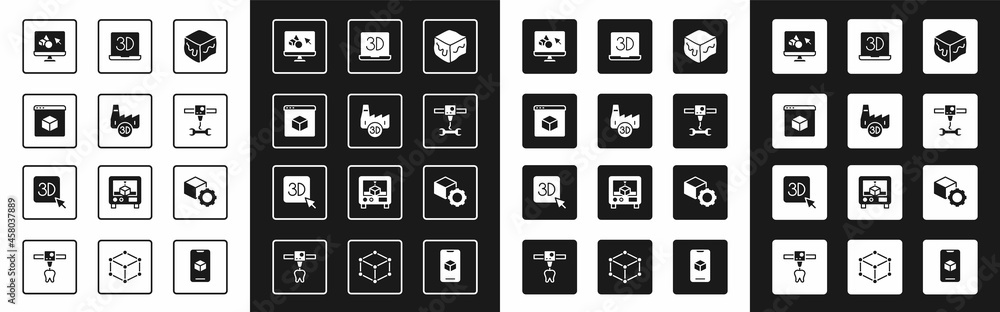 Set Isometric cube, Printing house industry, 3D printer, software, wrench spanner, and icon. Vector