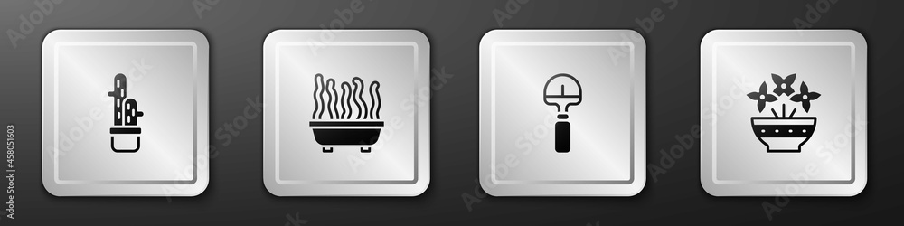 Set Cactus peyote in pot, Plant, Shovel and Flower vase icon. Silver square button. Vector