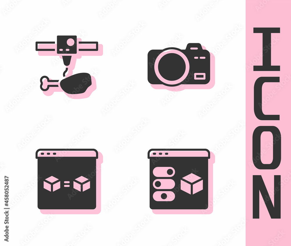 Set 3D printer, chicken leg, perfect copy and Photo camera icon. Vector