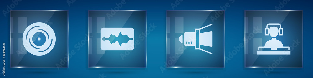 设置乙烯基唱片、音乐均衡器、电影聚光灯和DJ播放音乐。方形玻璃面板。Vec