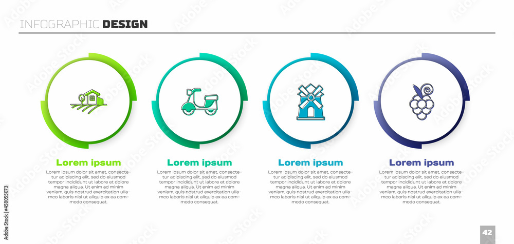 设置村庄景观、滑板车、风车和葡萄果实。商业信息图模板。矢量