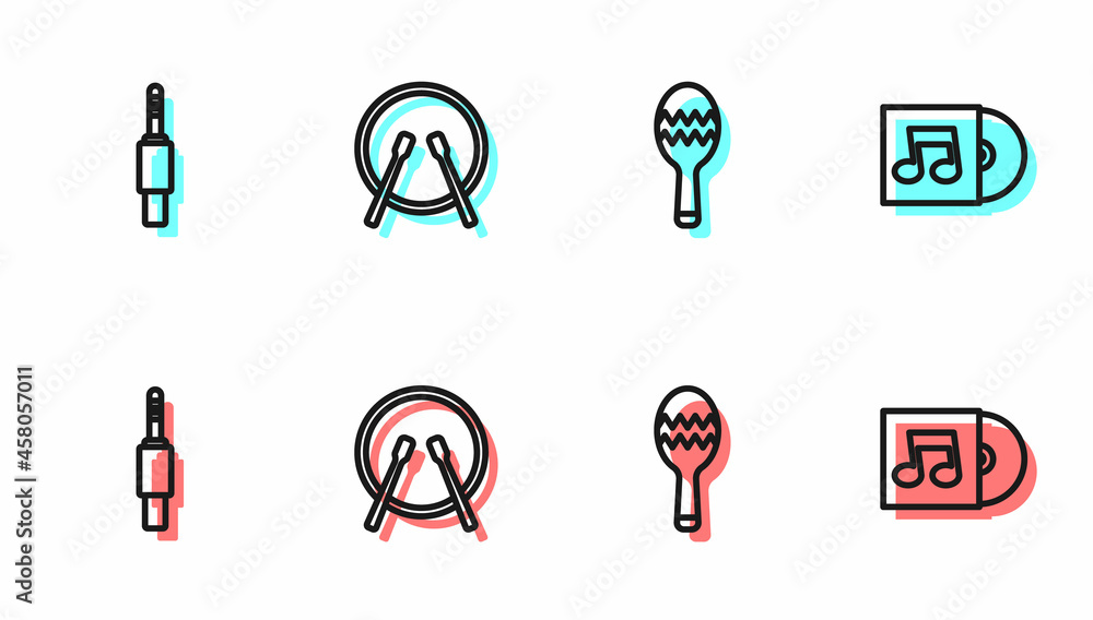 Set line Maracas, Audio jack, Drum and drum sticks and Vinyl disk icon. Vector