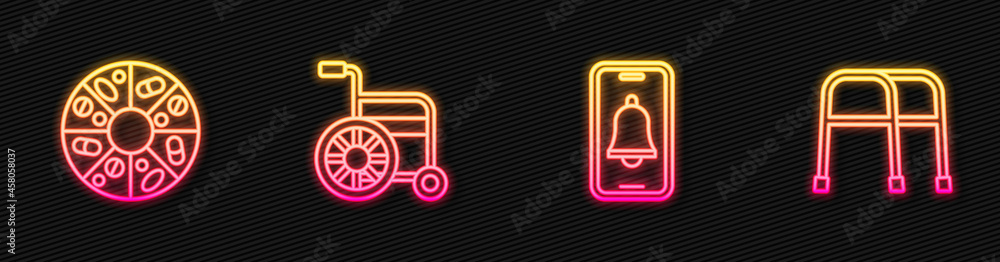 Set line Emergency phone call, Vitamin pill, Wheelchair and Walker. Glowing neon icon. Vector