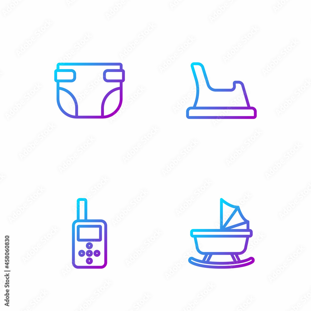 Set line Baby stroller, monitor walkie talkie, diaper and potty. Gradient color icons. Vector