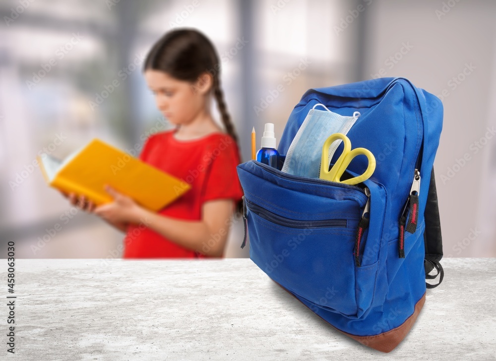 Cute child get ready for school with a backpack for school day. Education,learning.