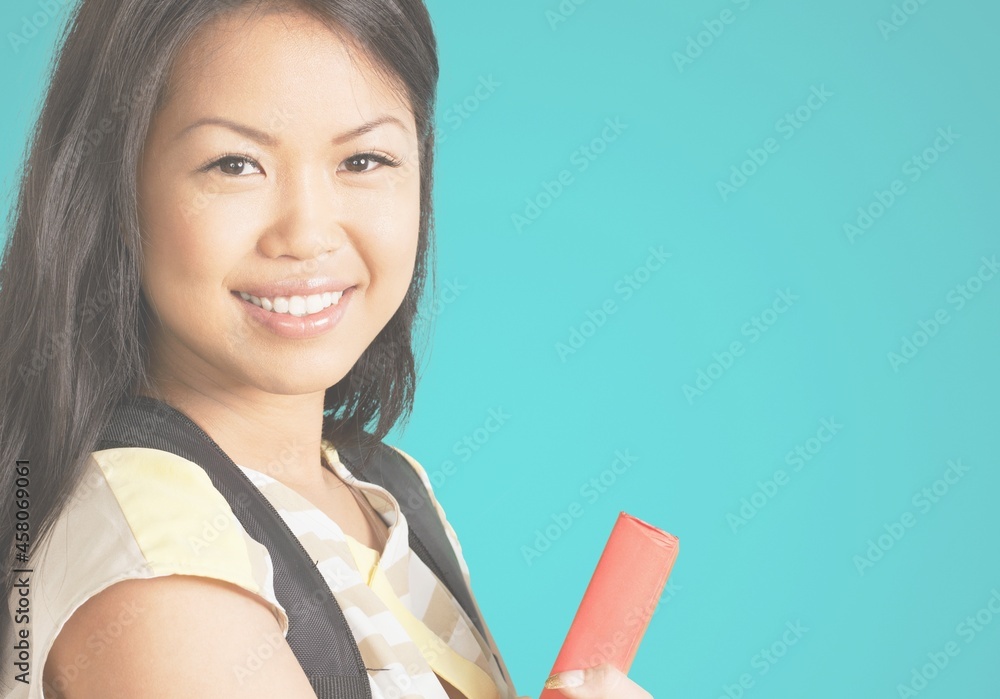 Happy young female high school student. University exam. Examinee.