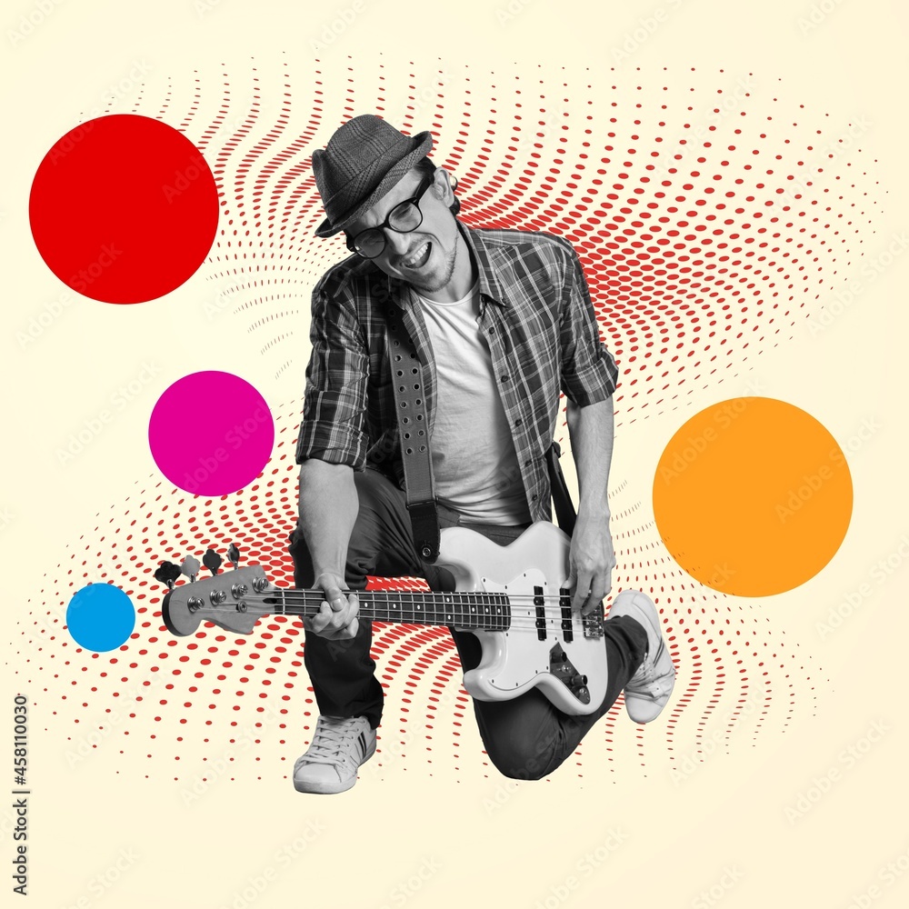 Stylish performer playing guitar on color background. Modern design.