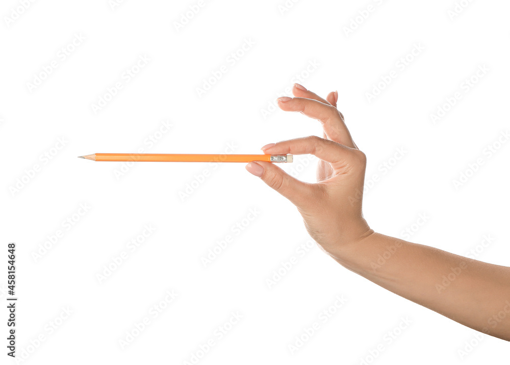 Woman with pencil on white background