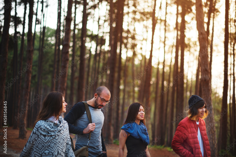 Friends hanging out in a forest