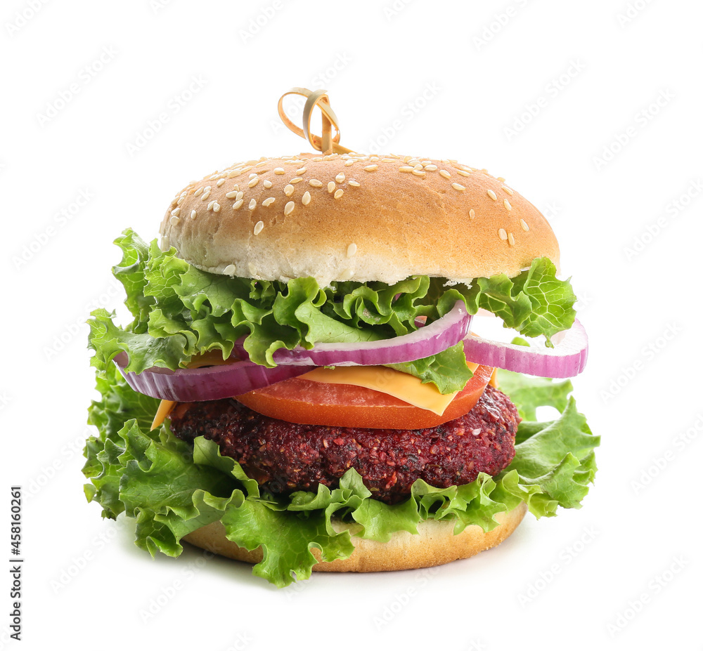 Tasty vegetarian burger on white background