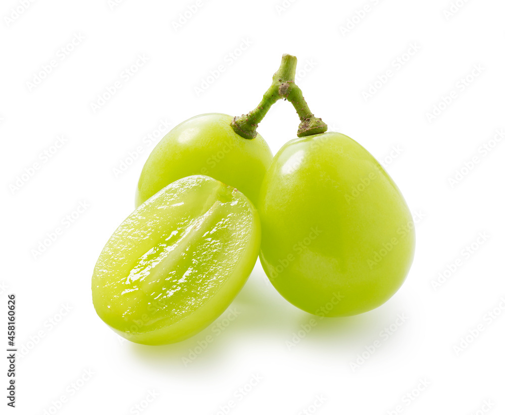 Grains of shine muscat grapes and cut shine muscat grapes on a white background.