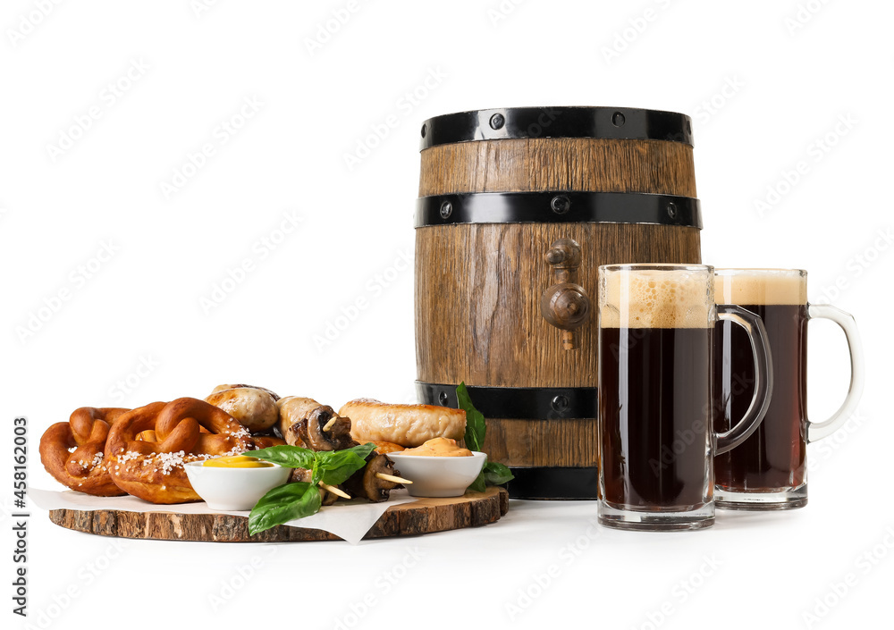 Mugs with wooden barrel of beer and snacks on white background. Oktoberfest celebration