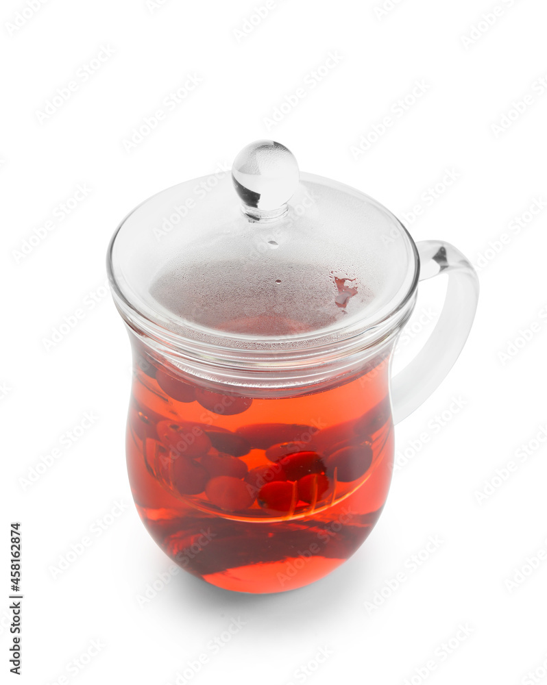 Cup of tasty tea with cranberry on white background