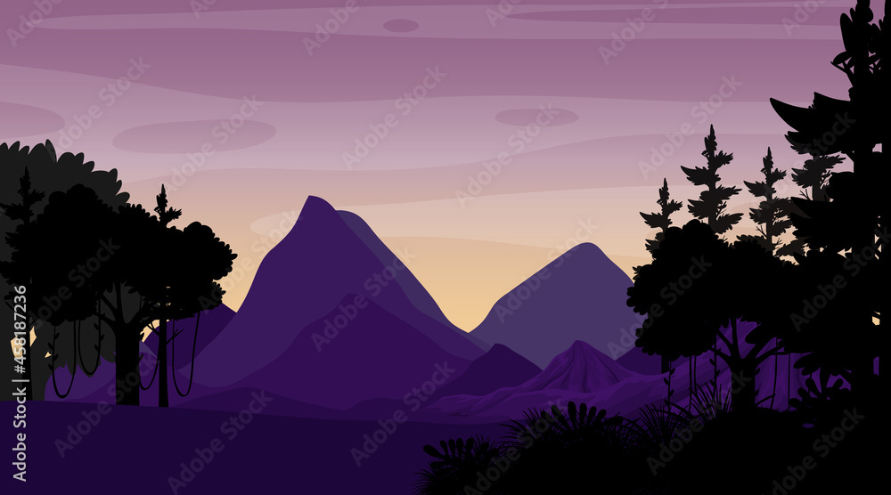 Silhouette twilight forest landscape background