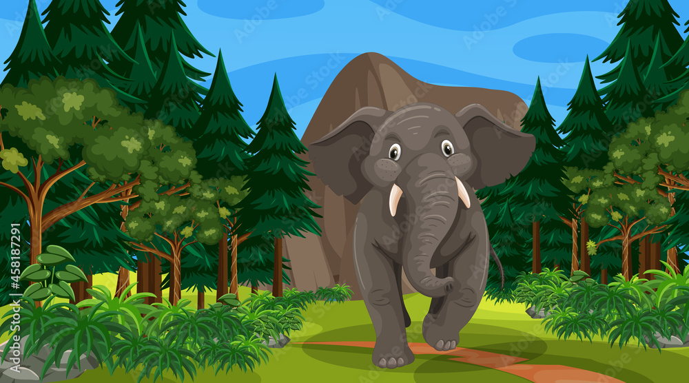 Elephant in forest or rainforest scene with many trees