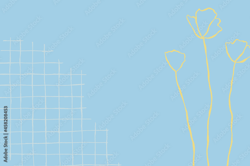 Blue grid floral background vector with wildflower flower doodle