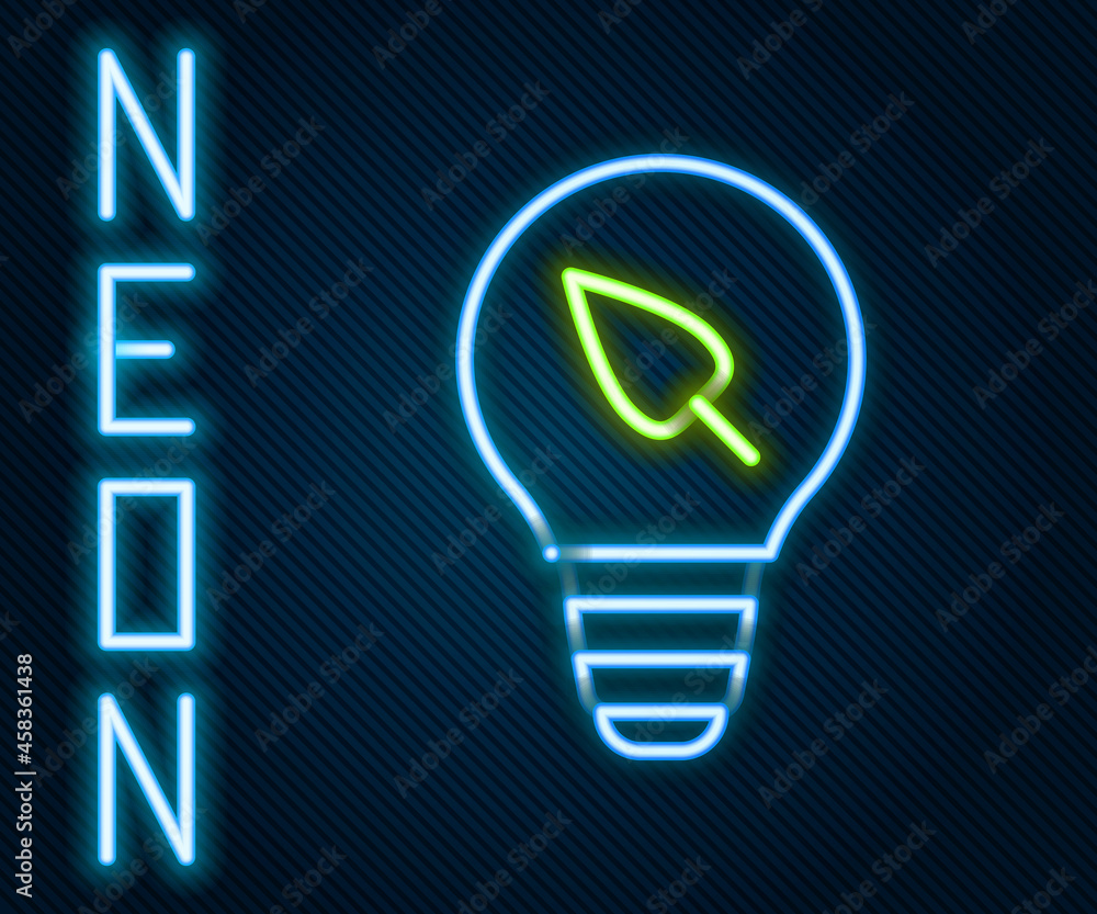 Glowing neon line Light bulb with leaf icon isolated on black background. Eco energy concept. Altern