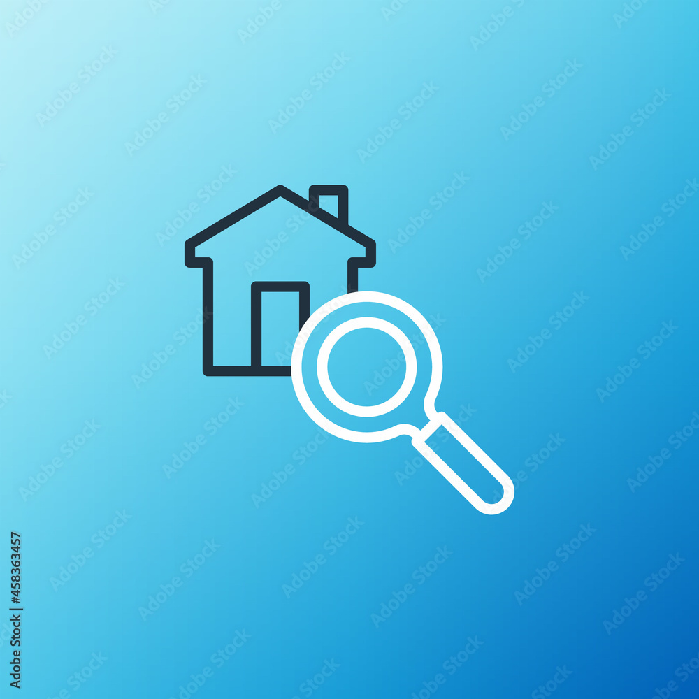 Line Search house icon isolated on blue background. Real estate symbol of a house under magnifying g