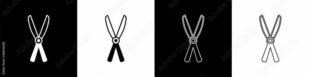 Set Gardening handmade scissors for trimming icon isolated on black and white background. Pruning sh