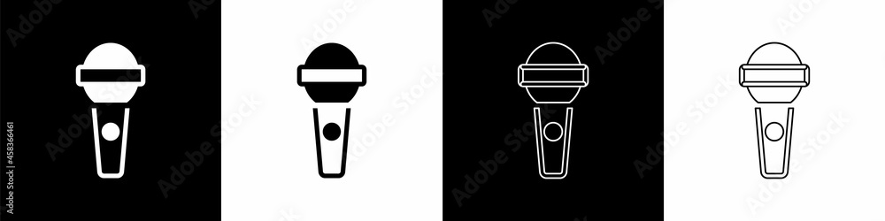 Set Microphone icon isolated on black and white background. On air radio mic microphone. Speaker sig