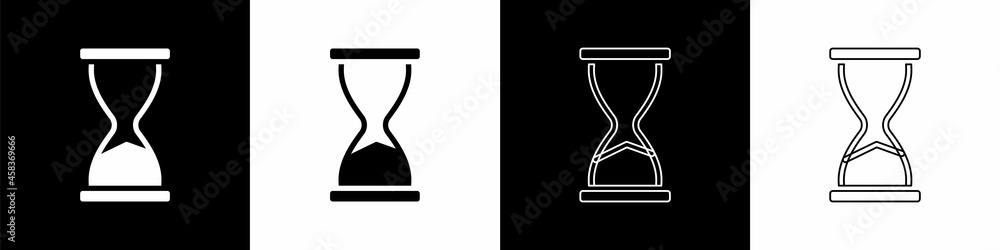 Set Old hourglass with flowing sand icon isolated on black and white background. Sand clock sign. Bu