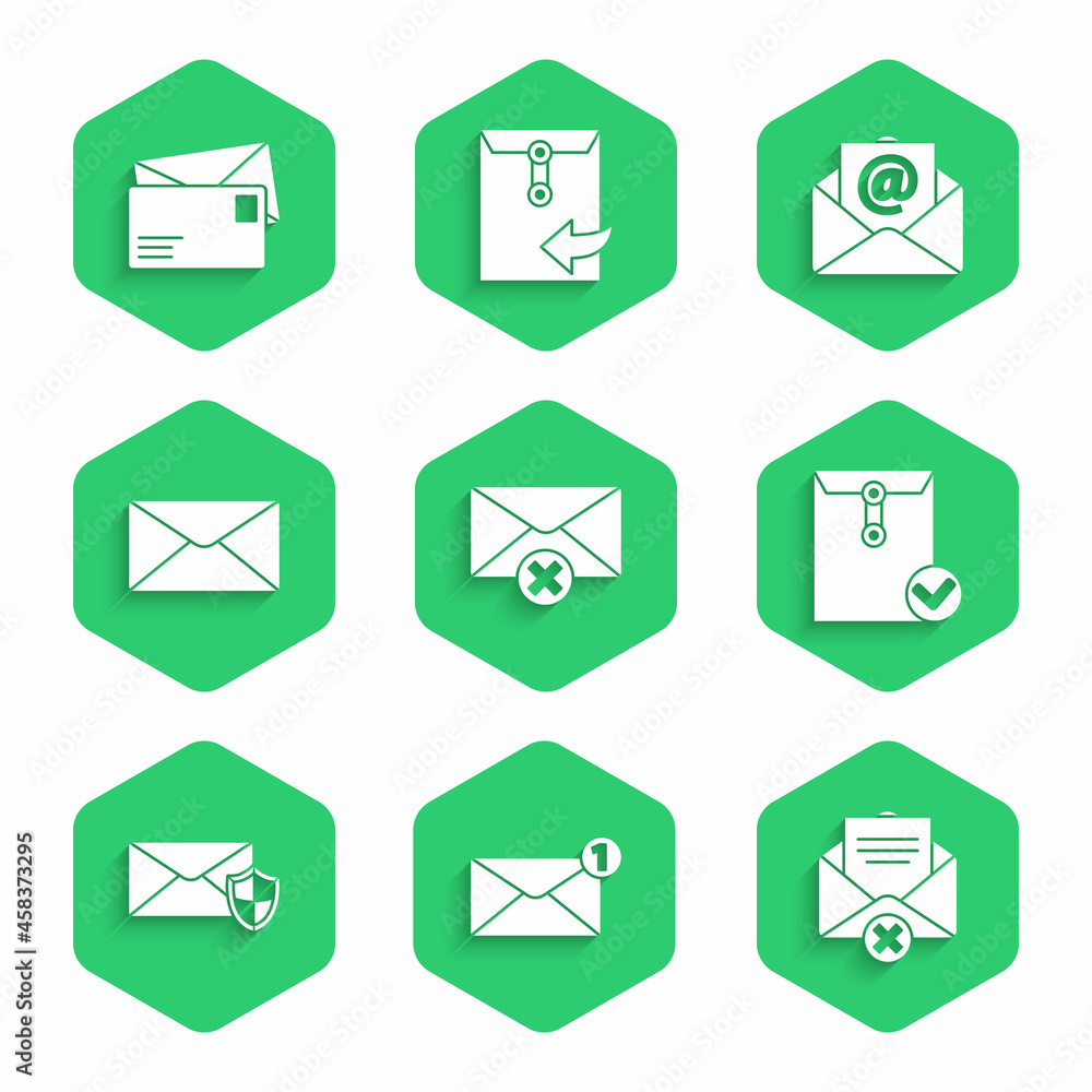 Set Delete envelope, Envelope, and check mark, with shield, Mail e-mail and icon. Vector