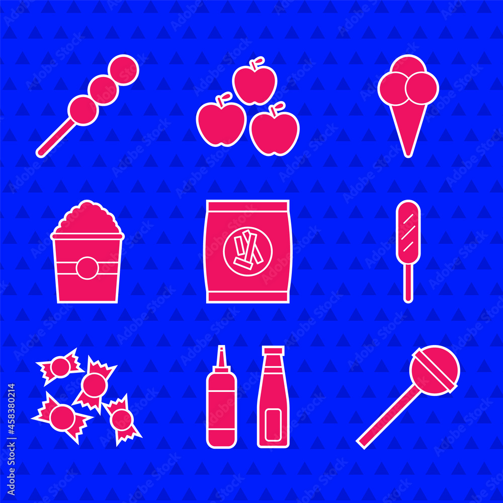 Set Hard bread chucks crackers, Sauce bottle, Lollipop, Corn dog, Candy, Popcorn in box, Ice cream w