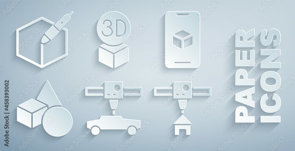 Set 3D printer car, software, Basic geometric shapes, house, Isometric cube and 3d pen tool icon. Ve