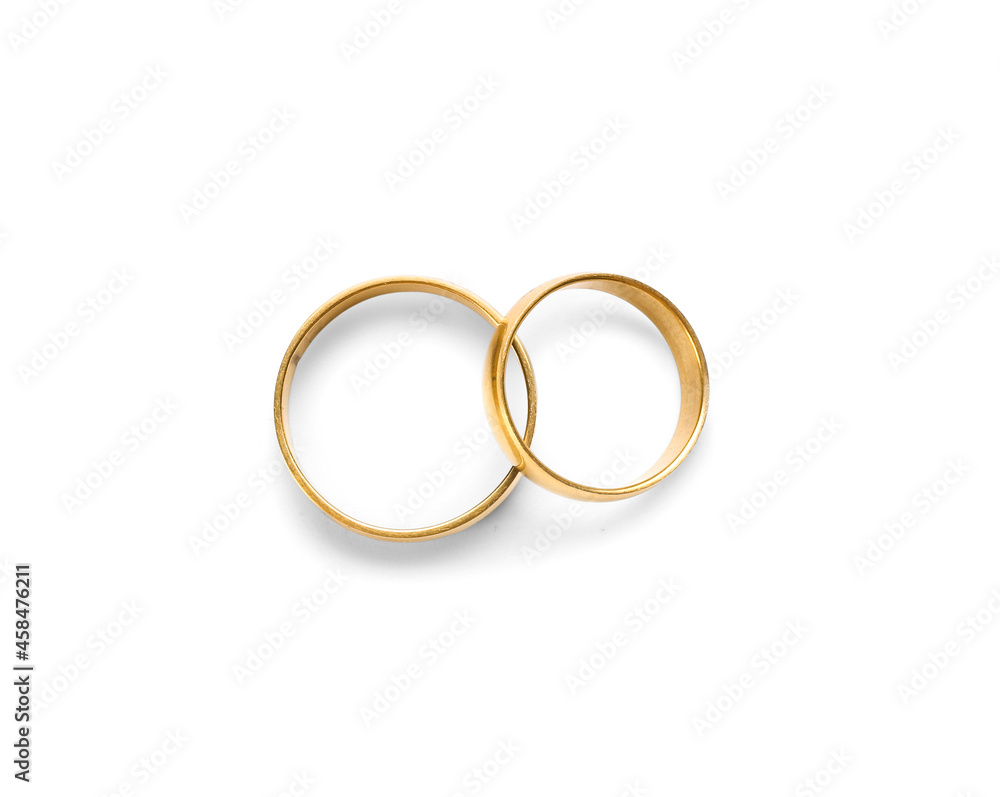 Pair of wedding rings on white background