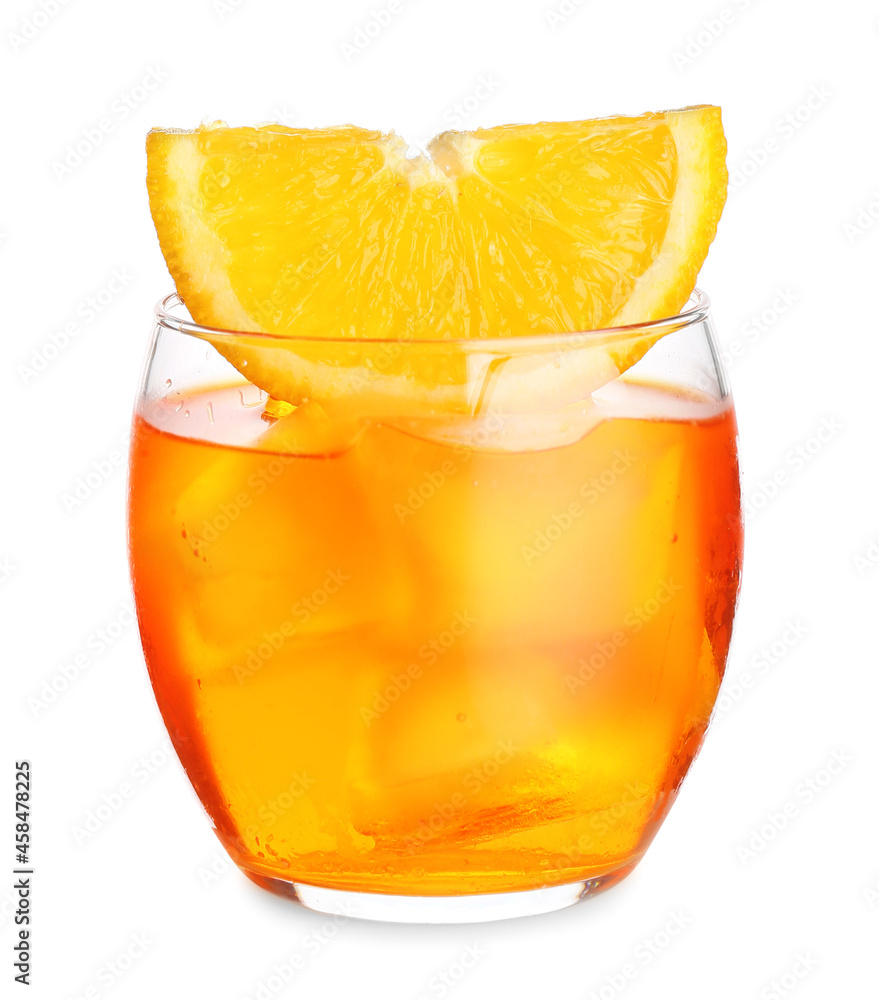 Glass of Aperol spritz cocktail on white background