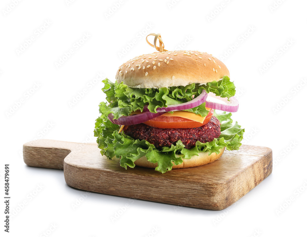 Wooden board with tasty vegetarian burger on white background