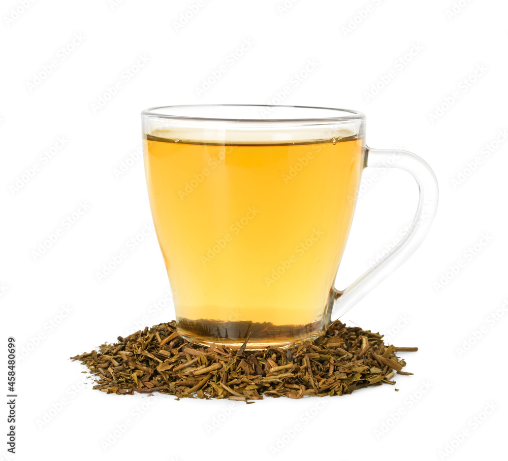 Cup of tasty hojicha green tea on white background