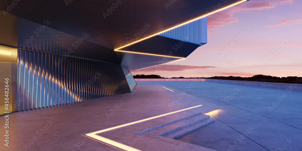 Perspective view of empty cement floor with steel and glass modern building exterior