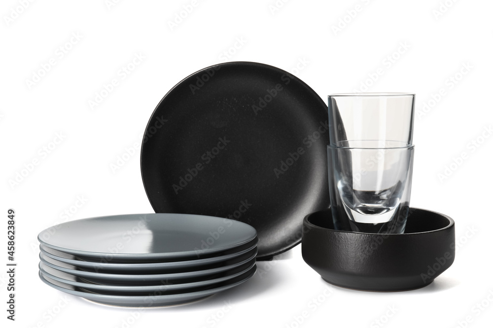 Set of black clean dishes on white background