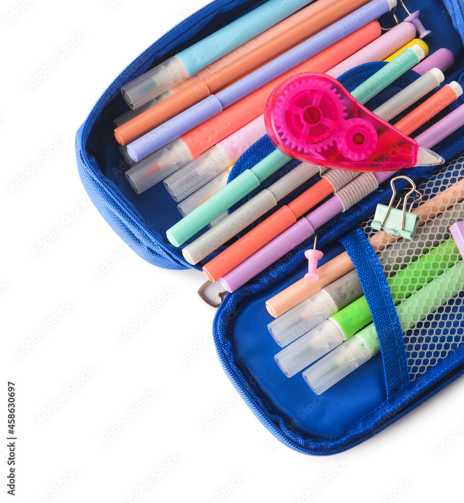 Opened pencil case with felt tip pens, corrector and paper clips on white background