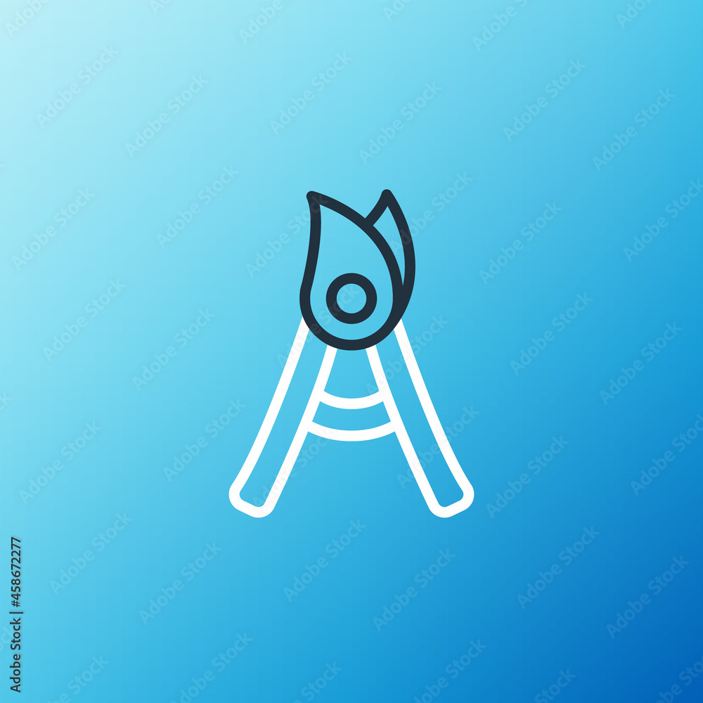 Line Gardening handmade scissors for trimming icon isolated on blue background. Pruning shears with 