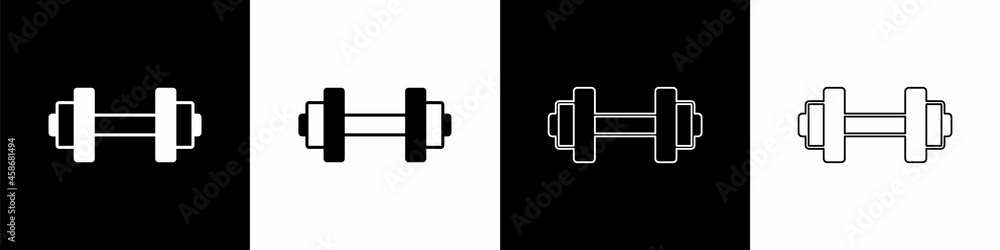 将哑铃图标隔离在黑白背景上。肌肉提拉、健身杠铃、运动eq