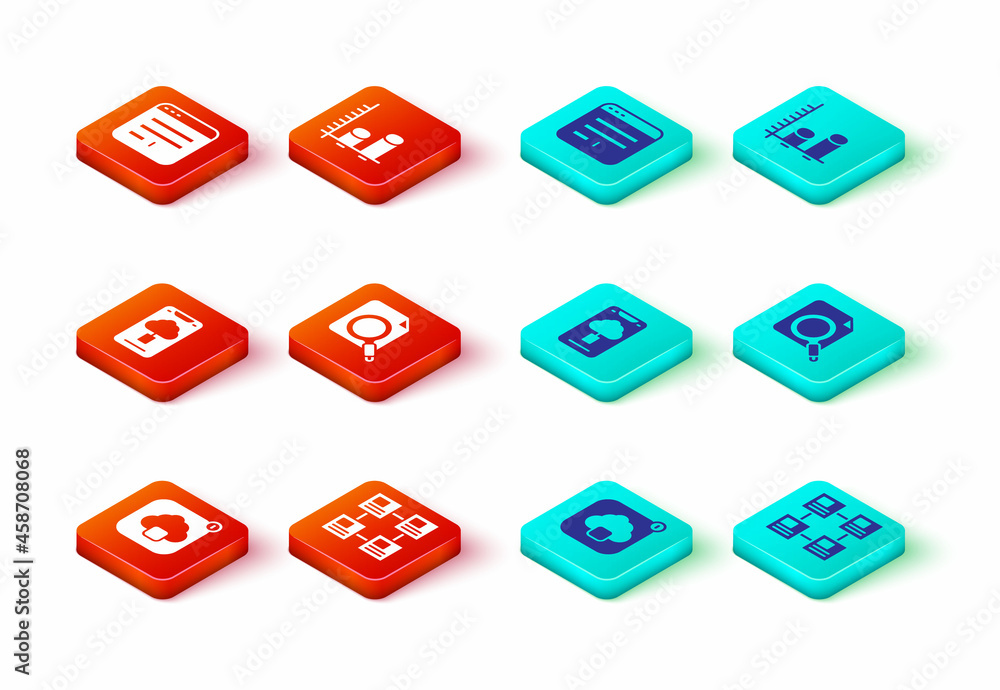 Set Cloud technology data transfer, Hierarchy organogram chart, Search concept with folder, Data ana