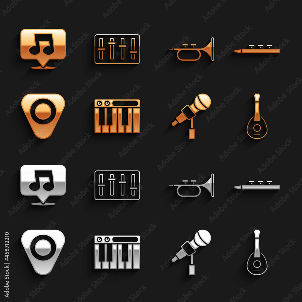 Set Music synthesizer, Drum and drum sticks, Guitar, Microphone, pick, Trumpet, note, tone and Sound