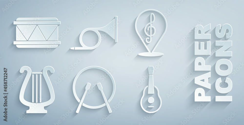 Set Drum and drum sticks, Treble clef, Ancient lyre, Guitar, Trumpet and icon. Vector