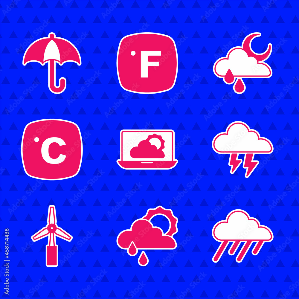 Set Weather forecast, Cloud with rain and sun, Storm, Wind turbine, Celsius, moon and Umbrella icon.