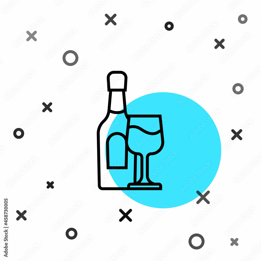 Black line Wine bottle with glass icon isolated on white background. Random dynamic shapes. Vector