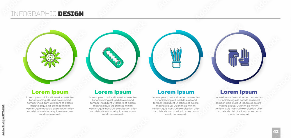 套花、气象温度计、花盆和橡胶手套。商业信息图模板。