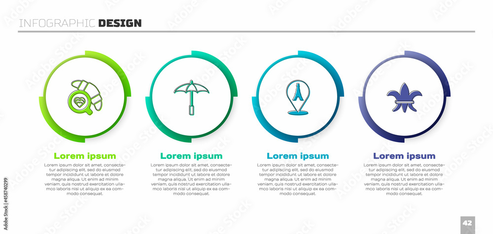 Set Coffee cup with croissant, Umbrella for beach, Eiffel tower and Fleur De Lys. Business infograph