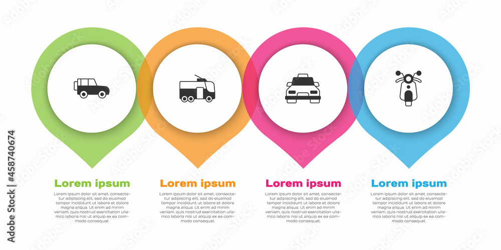 设置越野车、有轨电车、出租车和滑板车。商业信息图模板。矢量