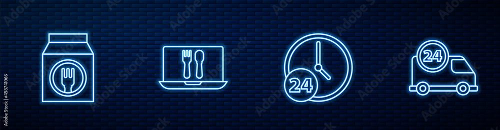 Set line Clock 24 hours, Online ordering and delivery, and Fast by car. Glowing neon icon on brick w