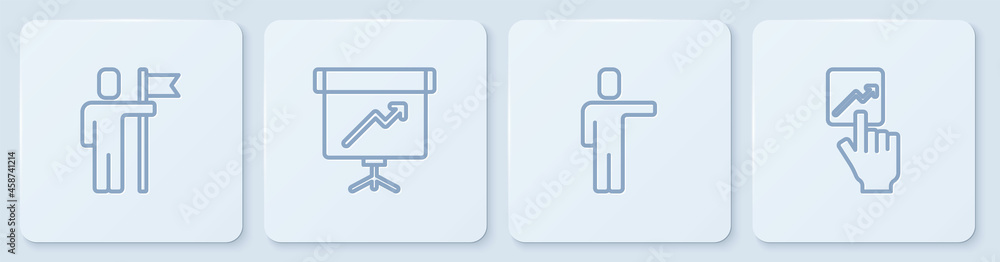 Set line Team leader, Head hunting, Chalkboard with diagram and . White square button. Vector