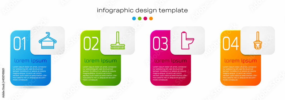 将毛巾、扫帚、抽水马桶和刷子挂在衣架上。商业信息图模板。矢量