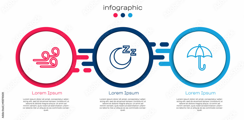 设置行大风天气、睡眠时间和雨伞。商业信息图模板。矢量