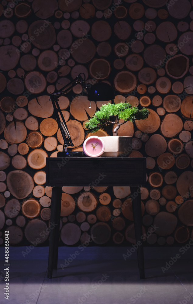 Alarm clock, houseplant and lamp on table near wooden wall in room